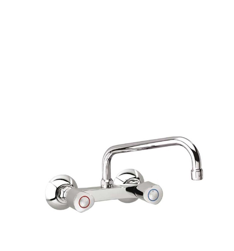 Grifo de Cocina Bimando Fregadero Mural 11 cm Ramon Soler Cano Largo Superior Inclinado Giratorio Eco Cromo